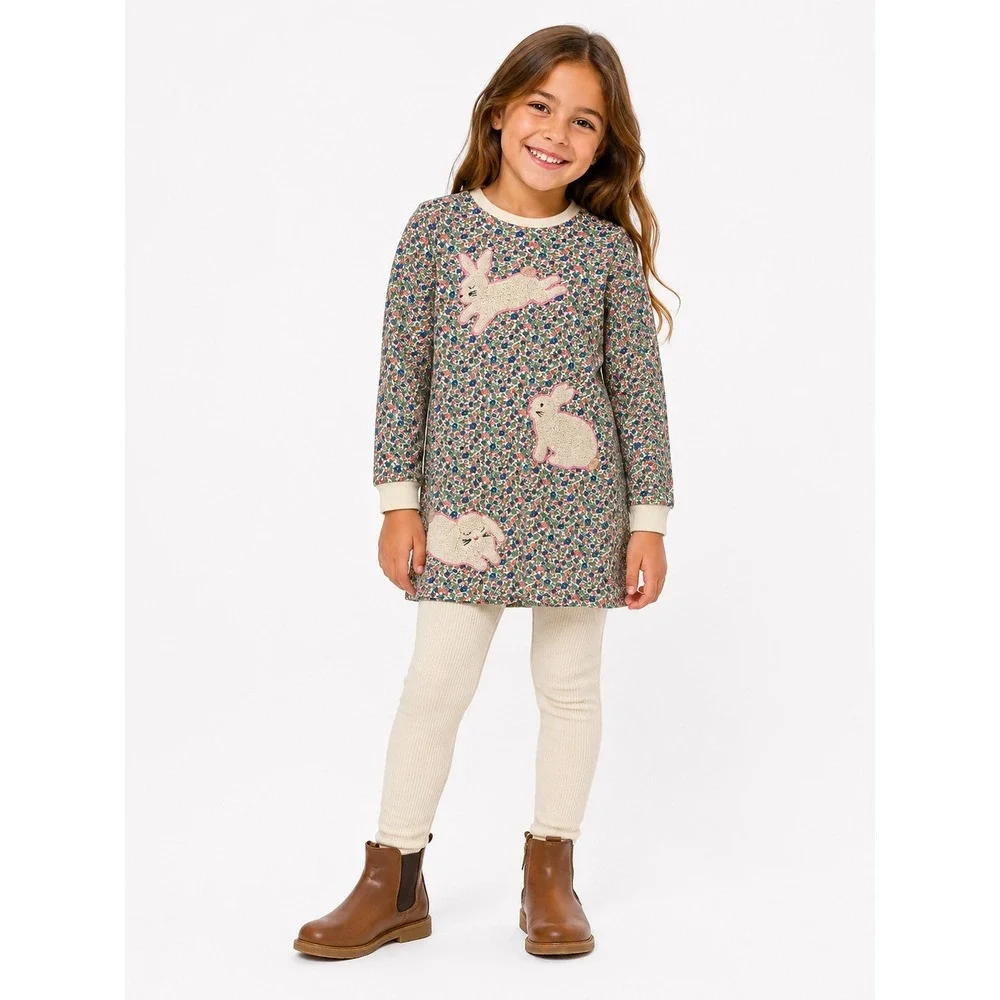 Mini Boden Jersey Dress Kids 7-8Y Multi Floral Bunny Applique Long Sleeve Spring